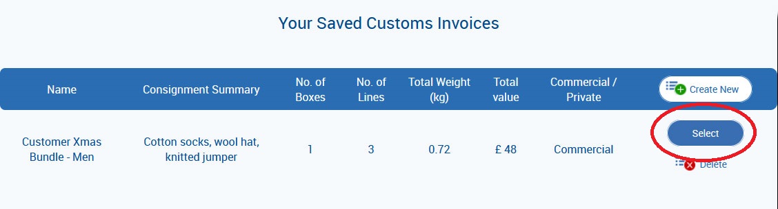 Saved customs invoice pop-up with select button